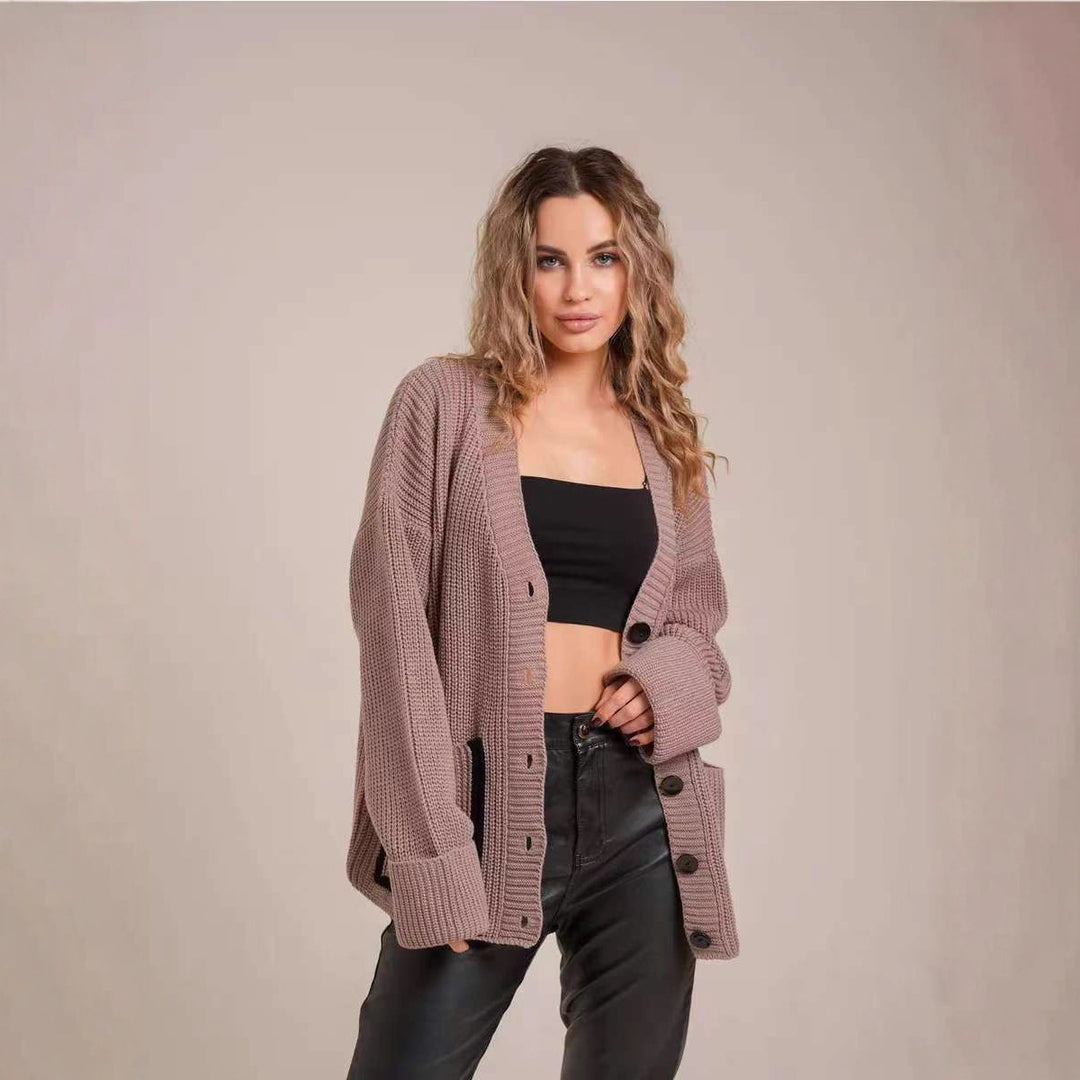 Damen Strickjacke mit knöpfbarem Design und Taschen Drune