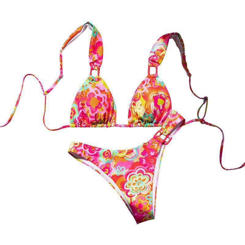 Damen Triangel-Bikini mit buntem Blumenmuster und verstellbaren Trägern Drune