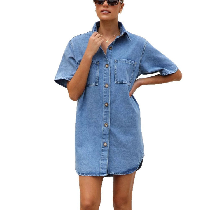 Damen Jeanshemdkleid mit kurzen Ärmeln und praktischen Taschen Drune