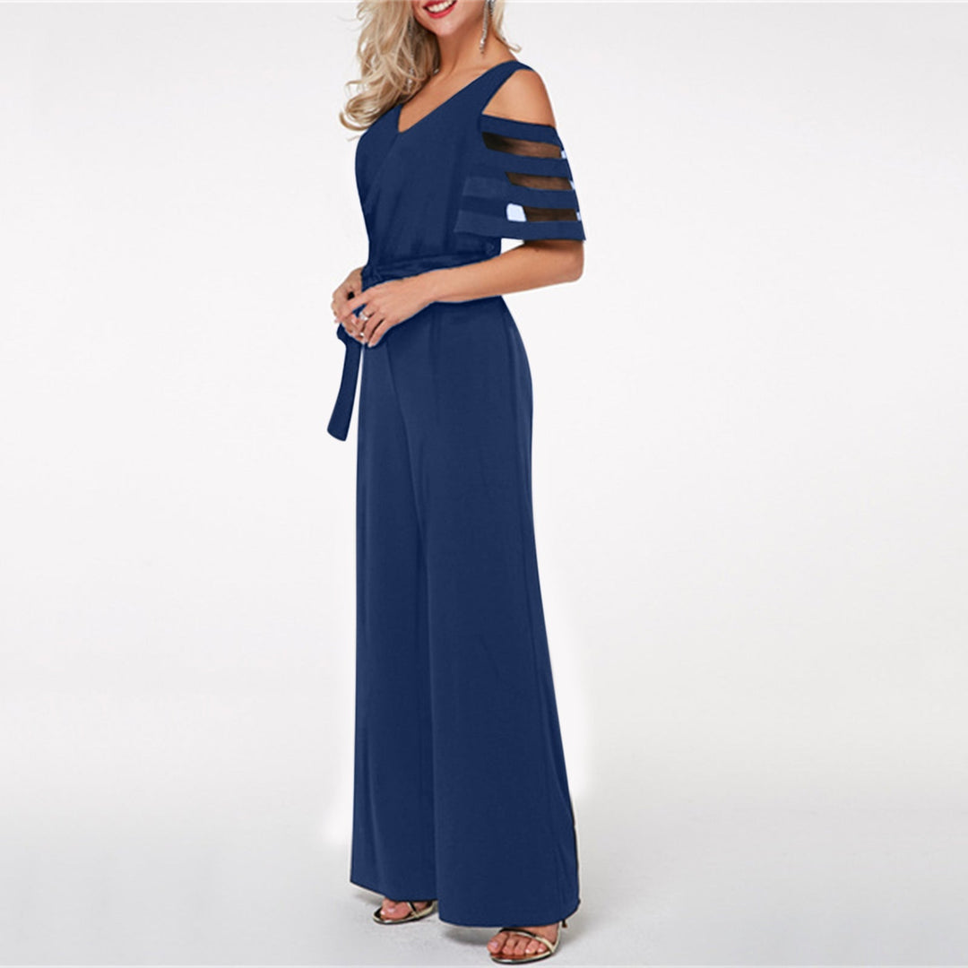 Damen Eleganter Jumpsuit mit transparenten Ärmel-Details und Taillengürtel Drune