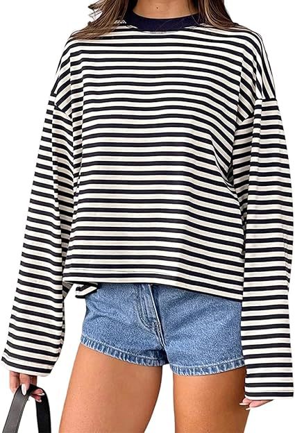 Damen bequemes Streifen-T-Shirt mit langen Ärmeln Drune