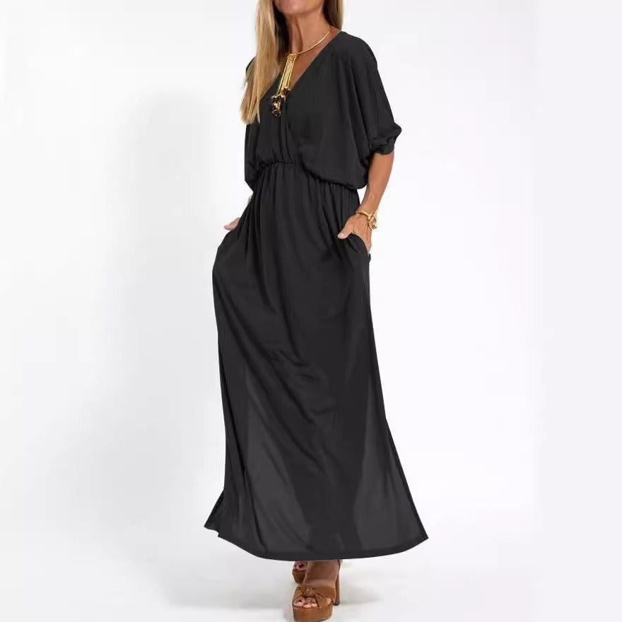 Damen elegantes Maxikleid mit seitlichem Schlitz und flexiblem Taillenbund Drune