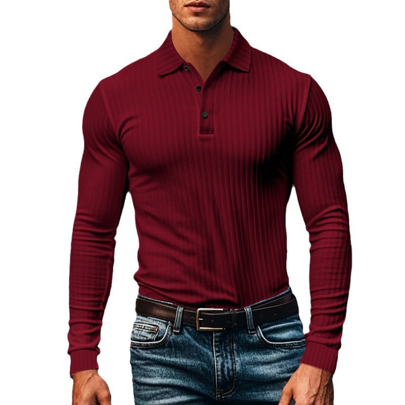 Herren nan figurbetontes Langarm-Polo mit feiner Rippenstruktur und klassischem Kragen Drune