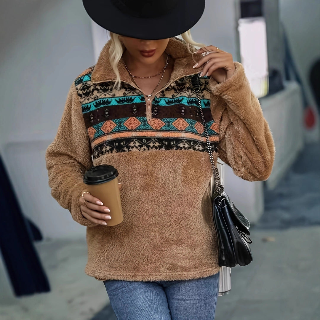 Damen kuschelige Fleece-Pullover mit modischem Reißverschluss und Farbdesign Drune