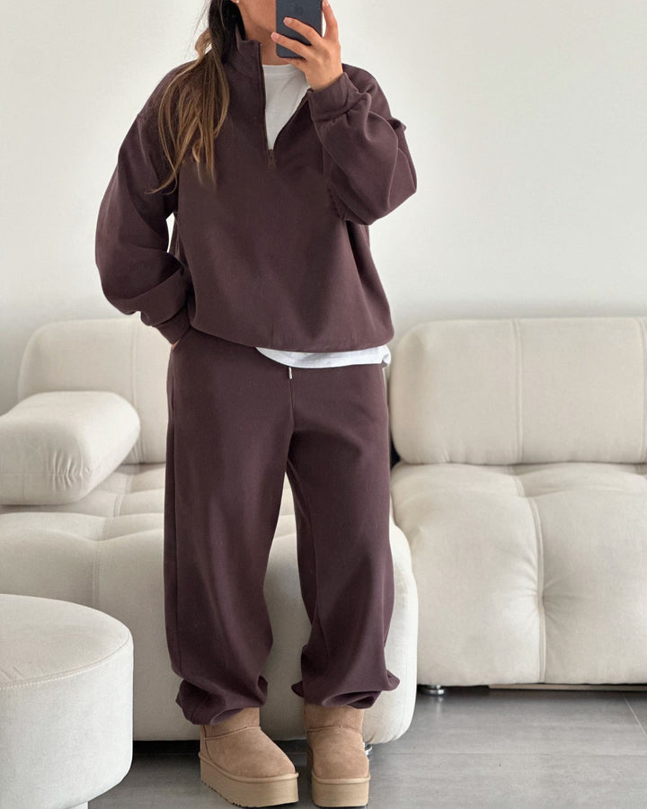Damen nan Oversize Halbzip-Pullover mit Stehkragen und weitem Lounge-Hose-Set Drune