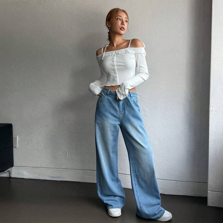 Damen cropped Oberteil mit Off-Shoulder Design und Rüschendetails Drune