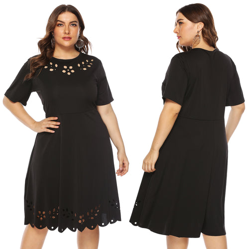 Damen elegantes Kleid mit durchbrochenem Kragen und wellenförmigem Saum Drune