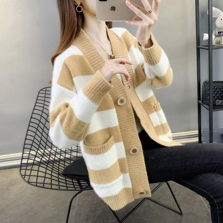 Damen Grobstrick-Cardigan mit Breton-Streifen und praktischen Taschen Drune