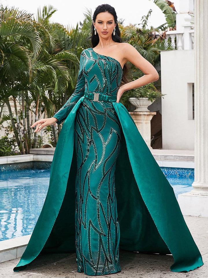 Damen Maxikleid mit glitzerndem Muster und elegantem Cape Drune