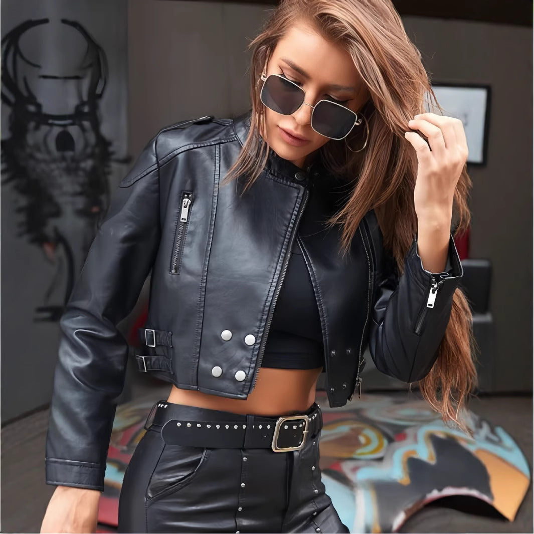 Damen Kunstleder Bikerjacke mit strukturierten Akzenten und modischem Schnitt Drune