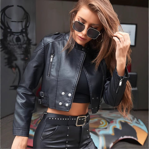 Damen Kunstleder Bikerjacke mit strukturierten Akzenten und modischem Schnitt Drune