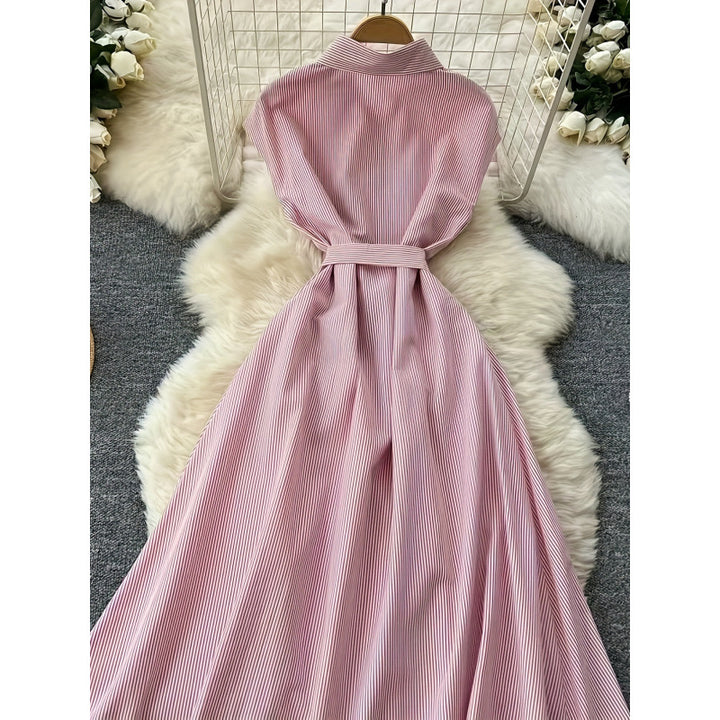 Damen Langarm Hemdblusenkleid mit Gürtel und gestreiftem Design Drune