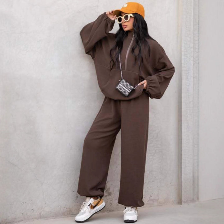 Damen lässiger Sweat-Anzug mit hohem Kragen und elastischen Ärmeln Drune