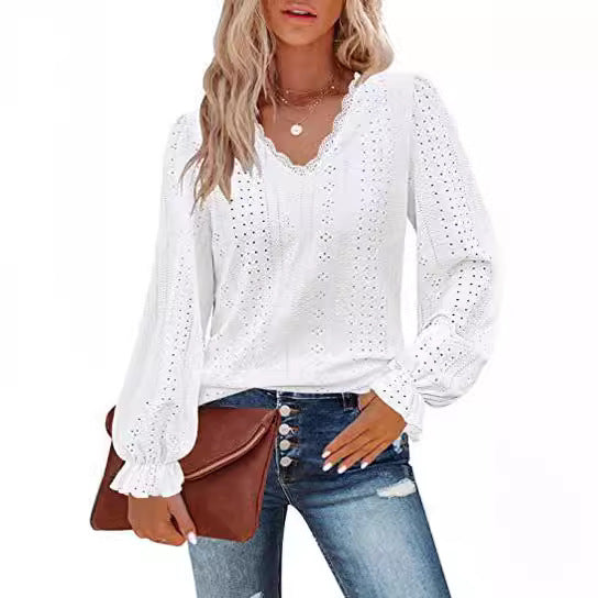 Damen Bluse mit Spitzenmuster und Ballonärmeln Drune