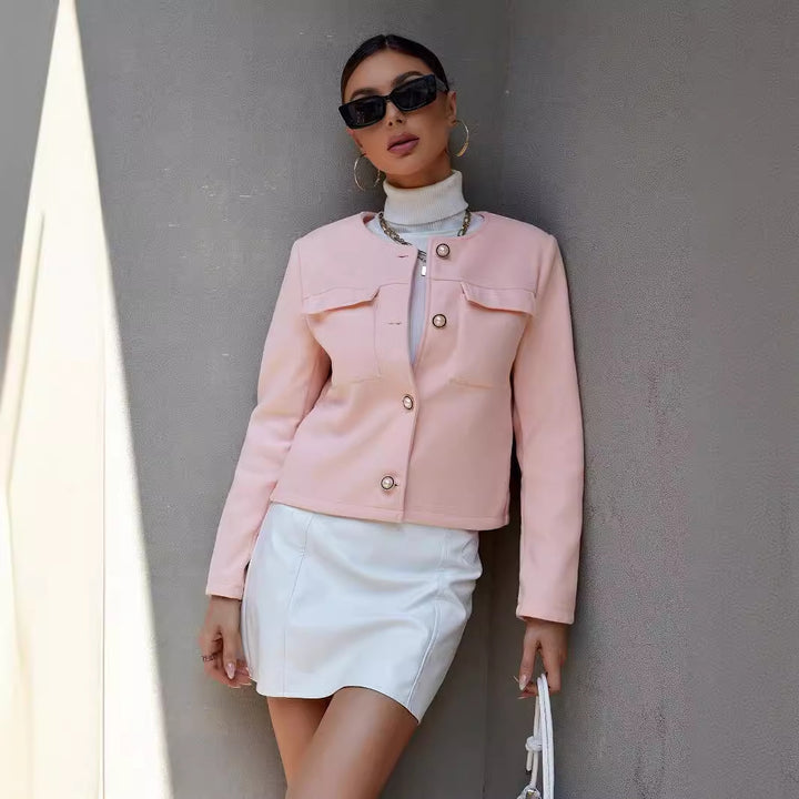 Damen modische Bouclé-Jacke mit strukturierten Taschen und goldfarbenen Knöpfen Drune