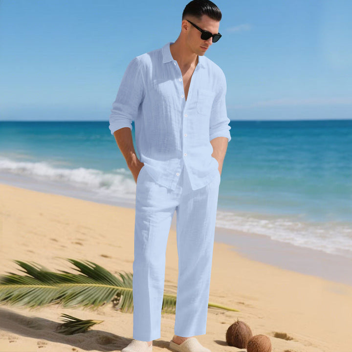 Herren leichtes Leinen-Outfit mit stilvollem Hemd und eleganter Hose Drune