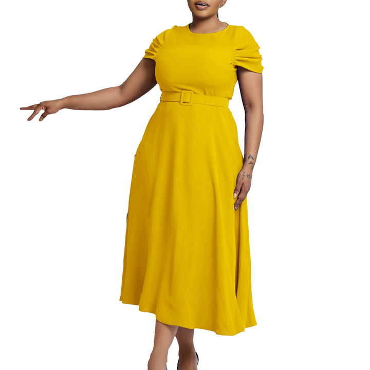 Damen Midi-Kleid mit elegantem Gummizug und schmalem Gürtel Drune