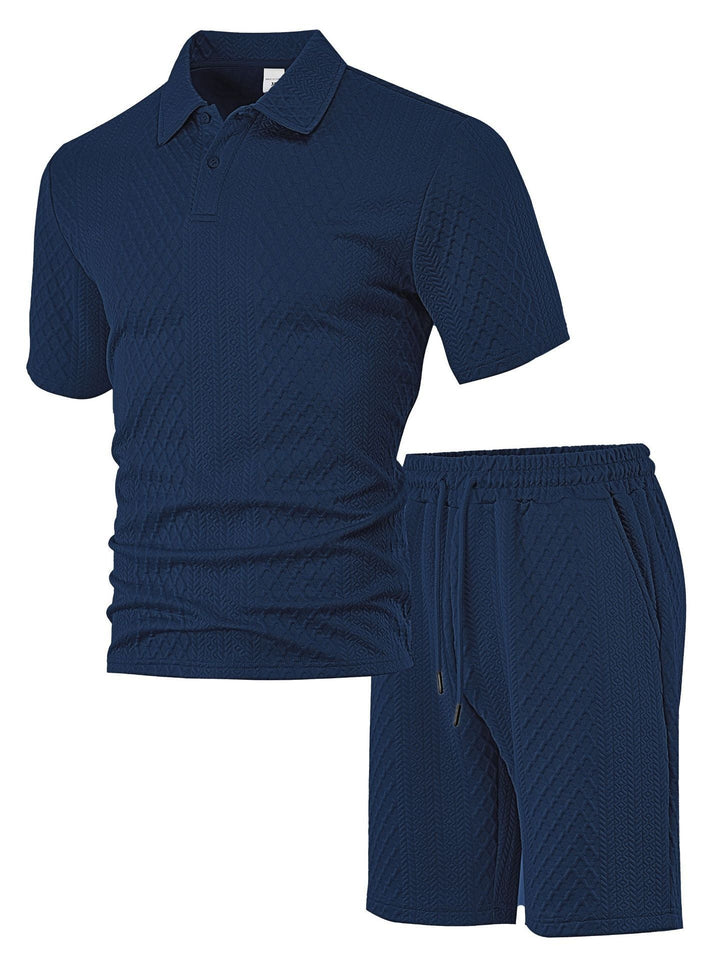 Herren nan geprägtes Waffel-Polo mit Kentkragen und elastischer Tunnelzugshorts im Set Drune