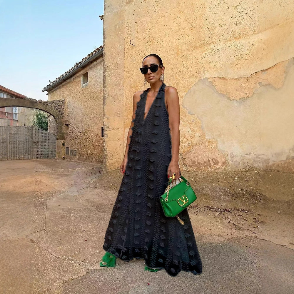 Damen Maxikleid mit voluminösem Saum und zarten Stickereien Drune