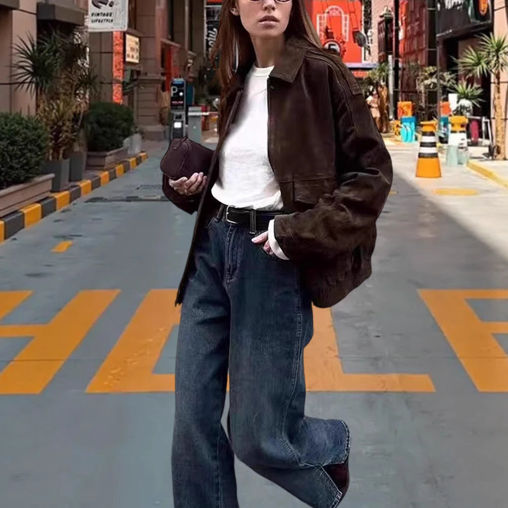 Damen Modische Kunstlederjacke mit lässigem Schnitt und praktischen Taschen Drune