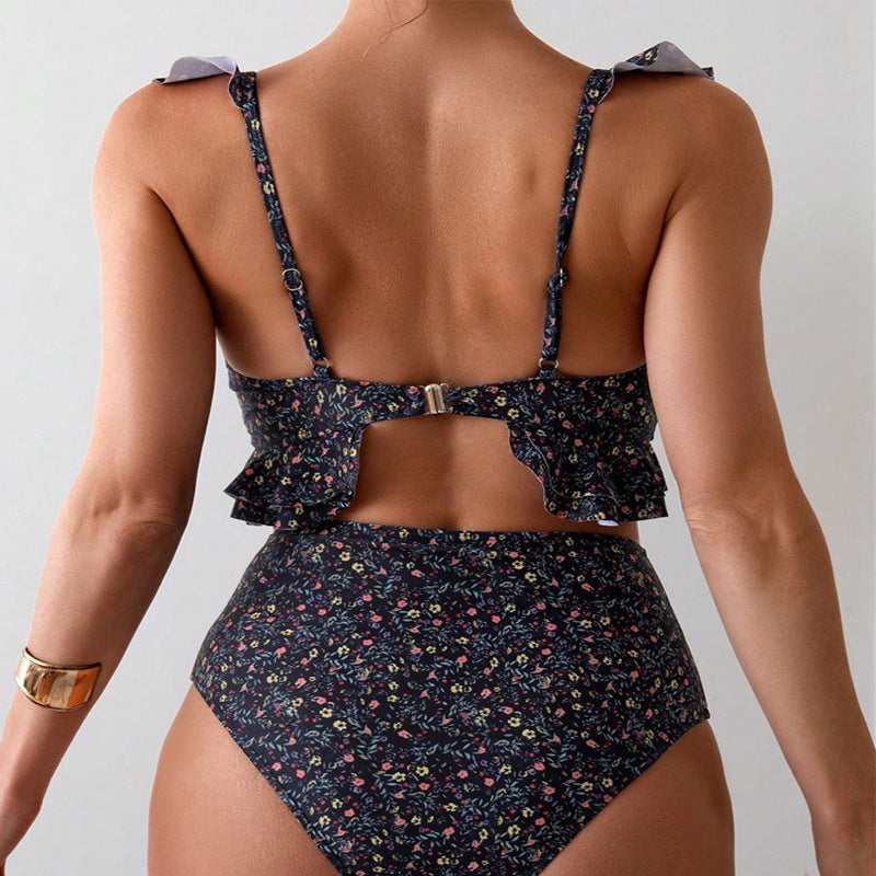 Damen Hochgeschnittener Bikini mit floralem Rüschendesign Drune