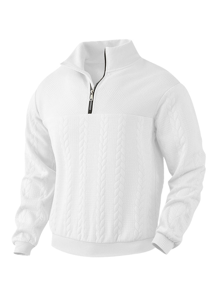 Herren nan texturierter Strickpullover mit Halbzip, geflochtenem Zopfmuster und hohem Stehkragen Drune