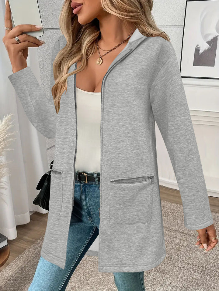 Damen Casual Overshirt mit Kapuze und praktischen Reißverschlusstaschen Drune