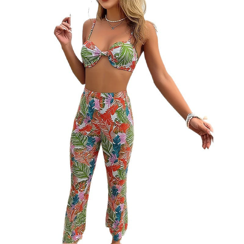 Damen Bikini-Oberteil mit floralem Design und hochtaillierter Hose Drune