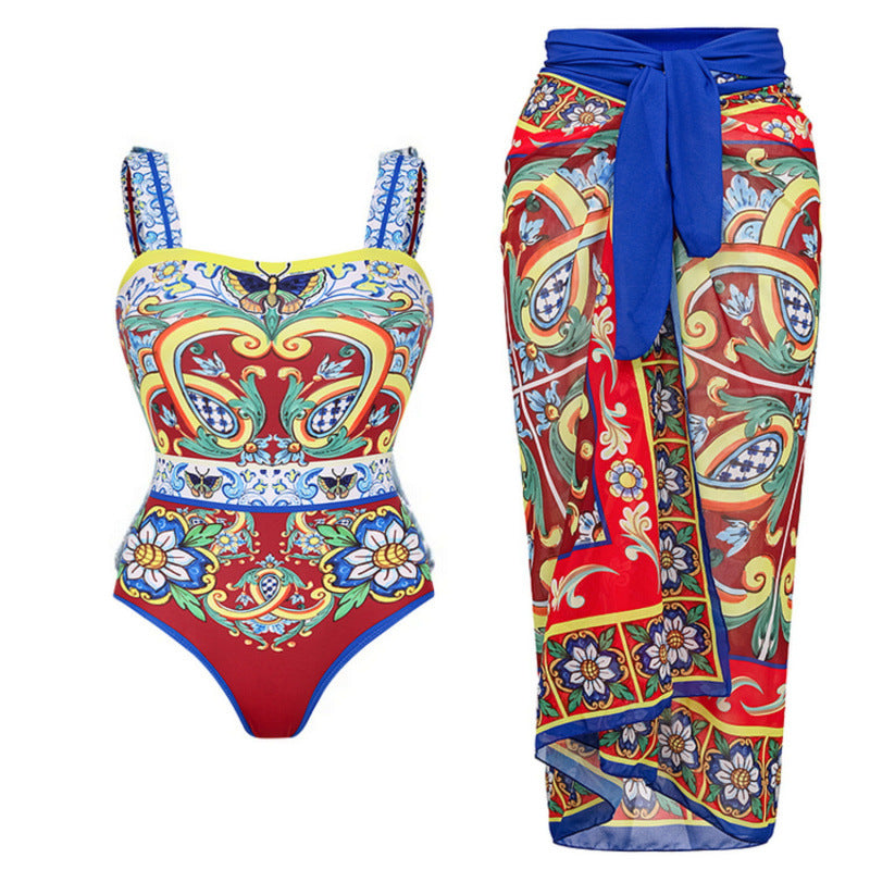 Damen Badeanzug-Set mit floralem Muster und elegantem Wickelrock Drune