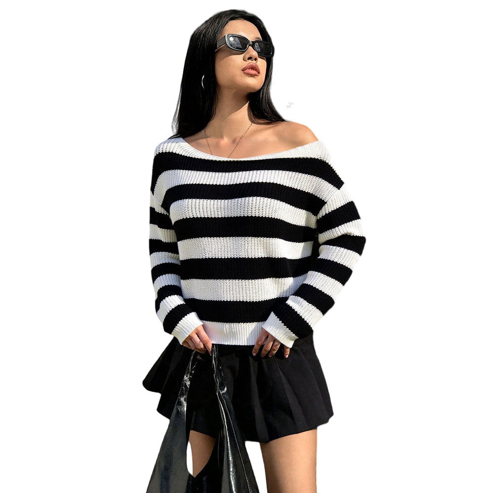 Damen lässiger Oversized-Pullover mit Streifenmuster Drune