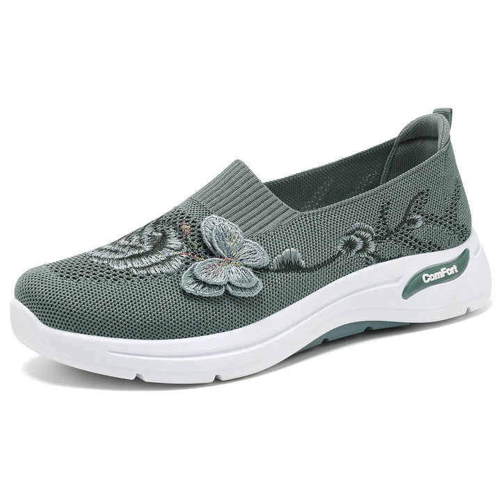 Damen nan gestrickter Slip-On Slipper mit 3D-Blumenstickerei und ergonomischer Komfort-Zwischensohle Drune