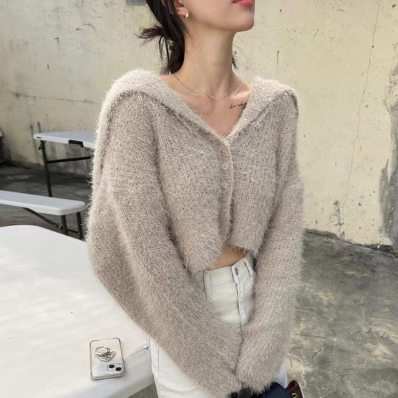 Damen Cropped Strickjacke mit Kapuze Drune