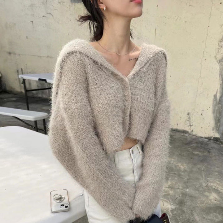Damen Cropped Strickjacke mit Kapuze Drune
