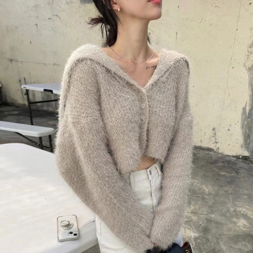 Damen Cropped Strickjacke mit Kapuze Drune