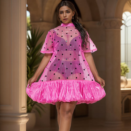 Damen durchsichtiger Polka-Dot Mini-Kleid mit Rüschensaum Drune