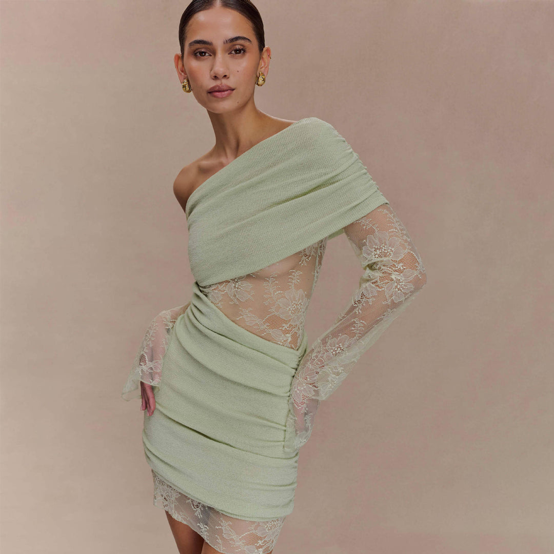 Damen elegantes Minikleid mit Spitzenärmeln Drune