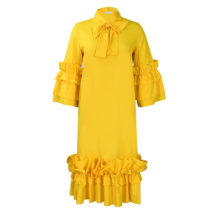 Damen Midi-Kleid mit voluminösen Rüschenärmeln und eleganter Schleife Drune