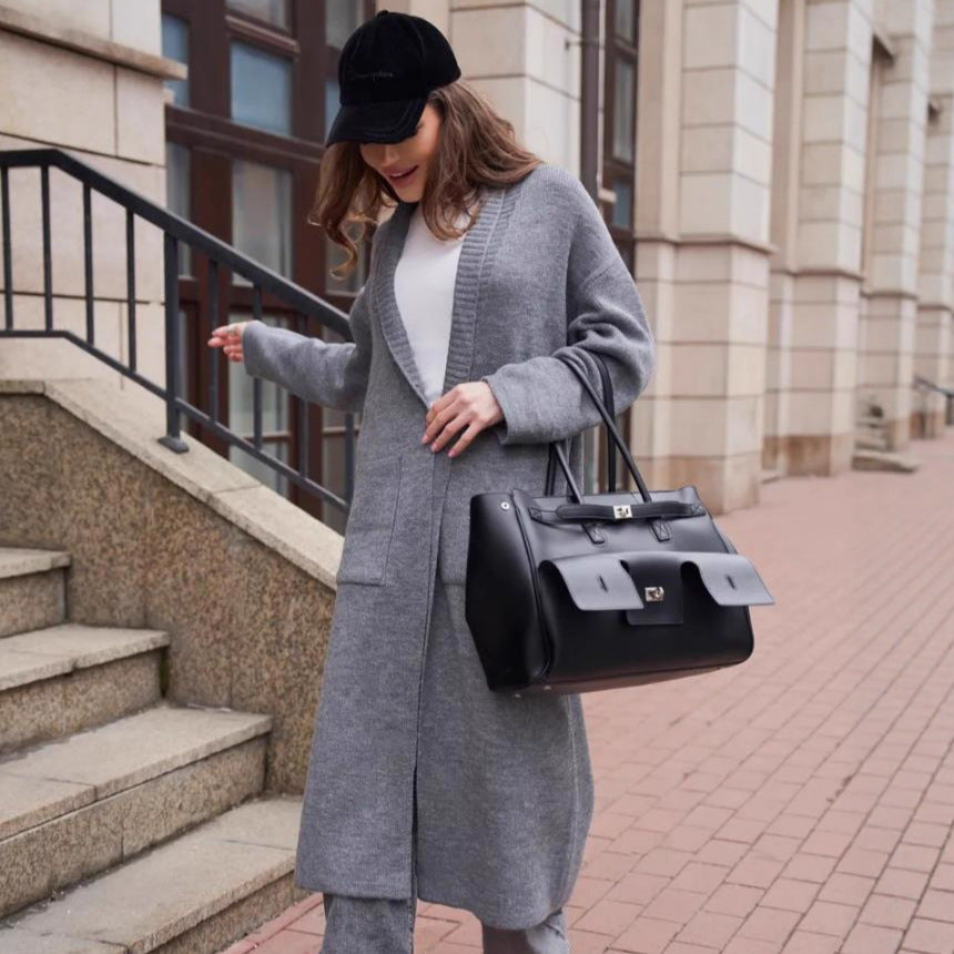 Damen Strickmantel mit tiefem V-Ausschnitt und großen Taschen Drune