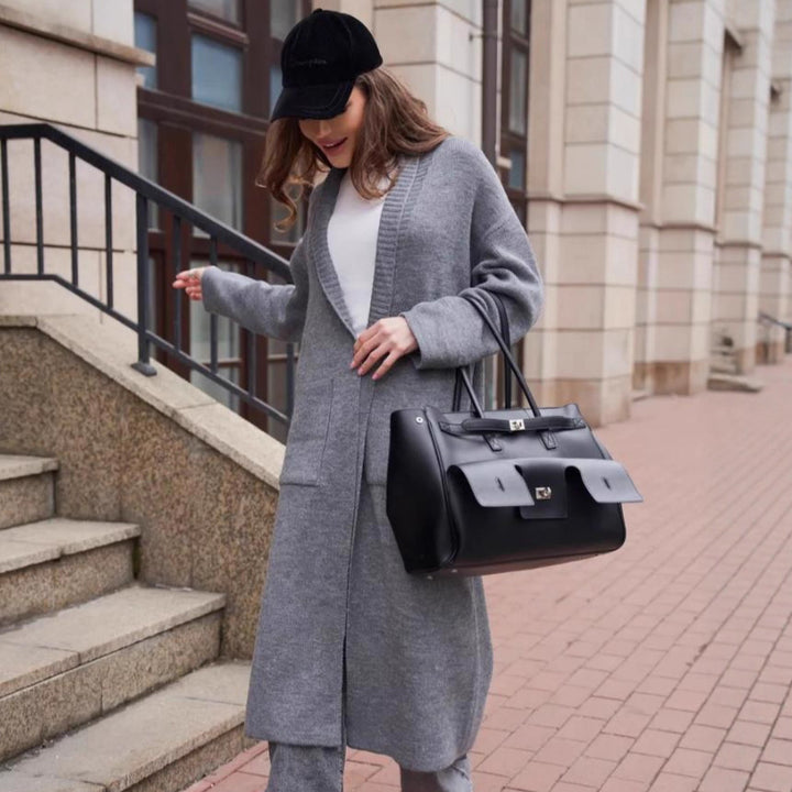 Damen Strickmantel mit tiefem V-Ausschnitt und großen Taschen Drune