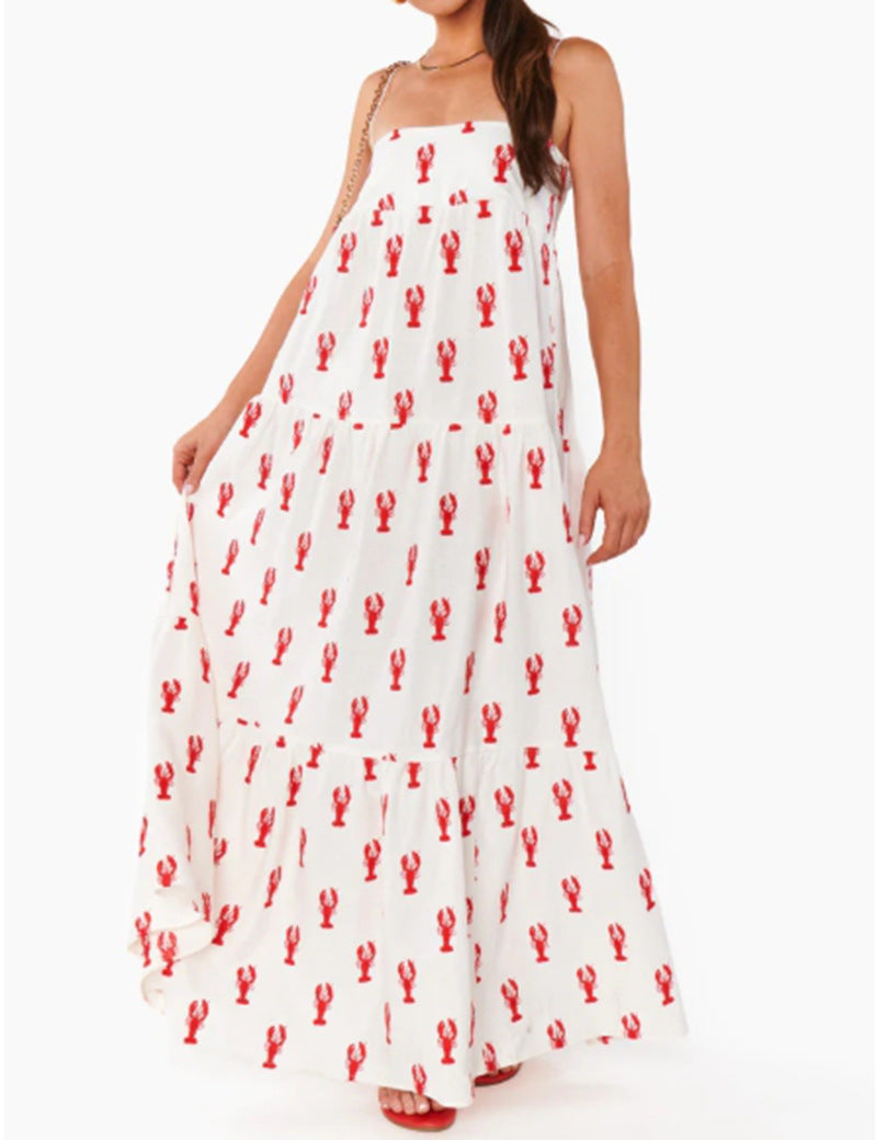 Damen nan trägerloses Stufenmaxikleid mit Bandeau-Oberteil lockerer A-Linie und maritimem Hummer-Print Drune
