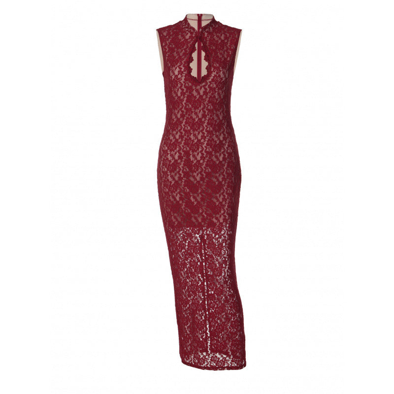 Damen Spitzenkleid mit hohem Kragen und figurbetonter Silhouette Drune