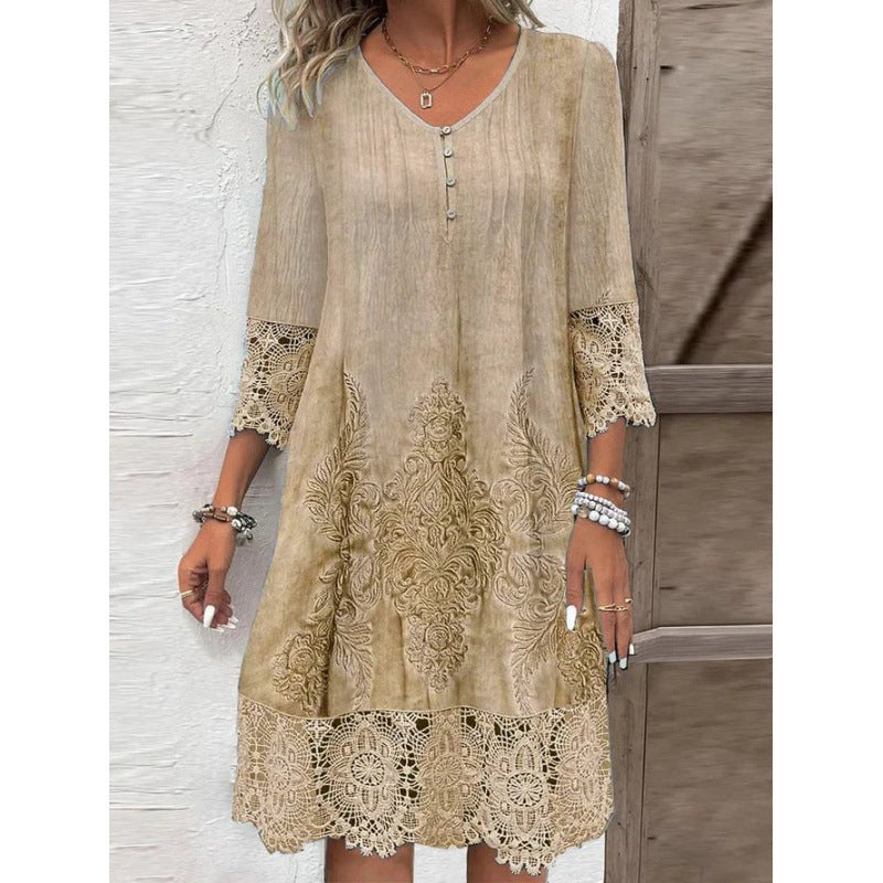 Damen Elegantes Kleid mit Spitzenapplikationen und Knopfdetail Drune