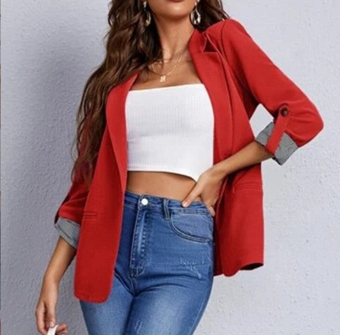 Damen stilvolle und vielseitige Blazerjacke mit umgeschlagenen Ärmeln Drune