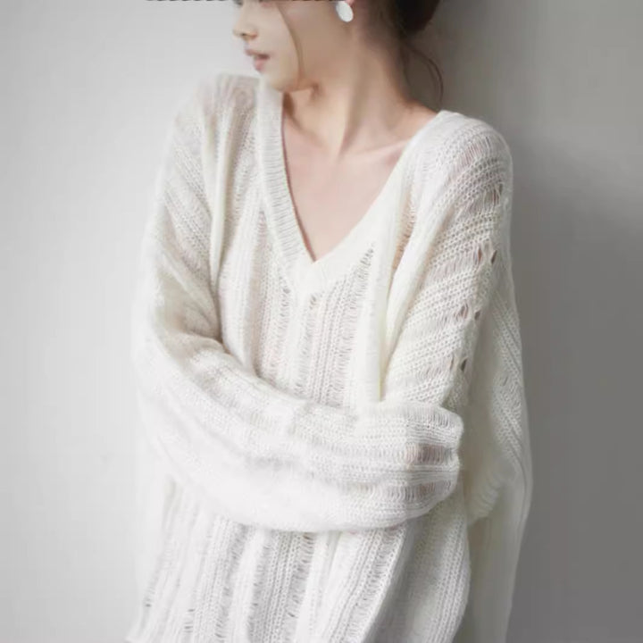 Damen Grobstrickpullover mit tiefem V-Ausschnitt und lässigem Schnitt Drune