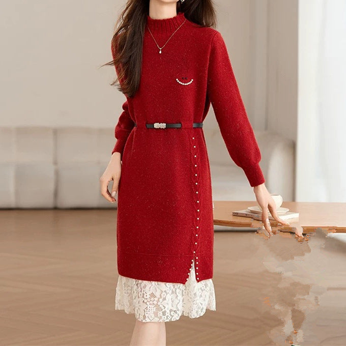 Damen Strickkleid mit dekorativen Knopfdetails und Spitze Drune