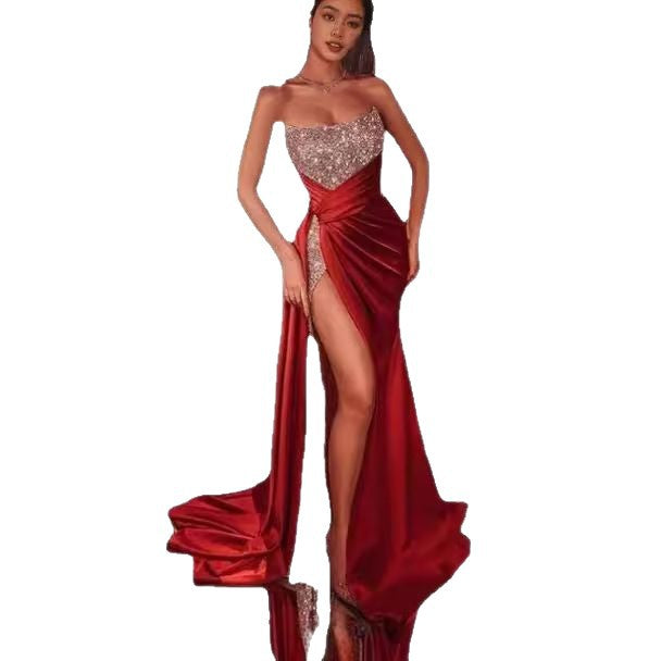 Damen Glamouröses Maxikleid mit funkelndem Oberteil und hohe Beinschlitz Drune