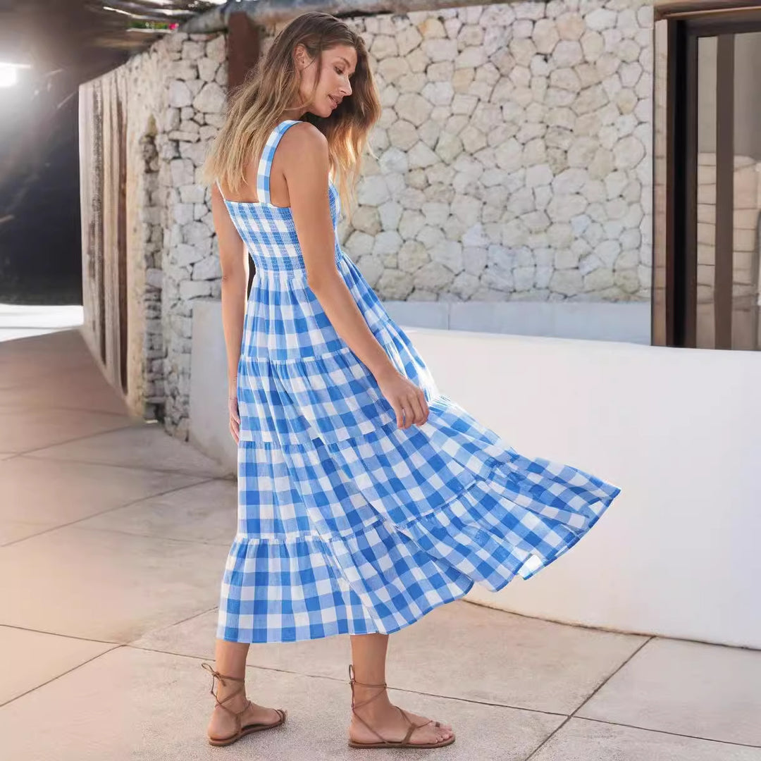 Damen Sommerliches Maxikleid mit kariertem Design und Trägern Drune