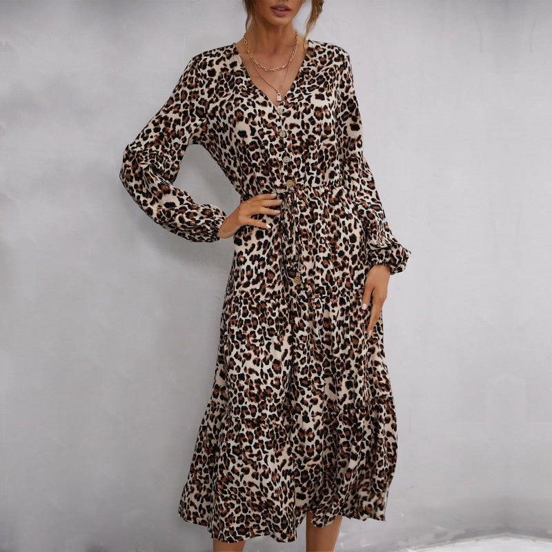 Damen Maxikleid mit Leopardenmuster und taillierbarem Gürtel Drune