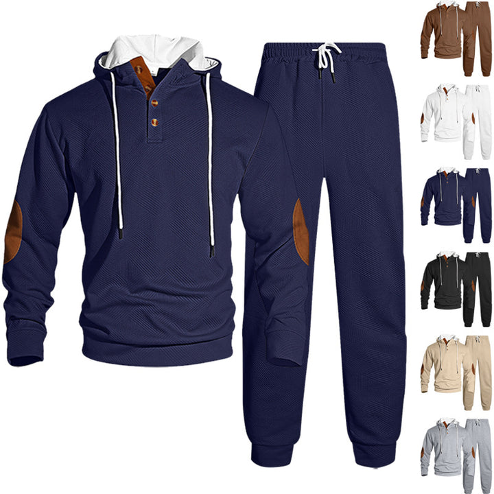 Herren nan Waffelstruktur Henley-Kapuzen-Set mit Holzknopfleiste Ellbogen-Patches und konischer Jogginghose Drune