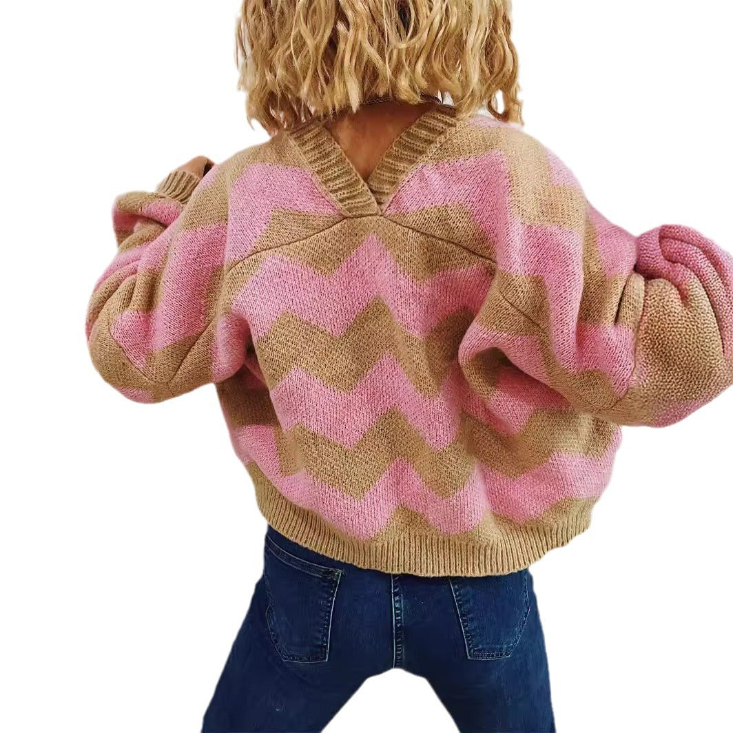 Damen modische Strickjacke mit Chevron-Muster und breiten Ärmeln Drune